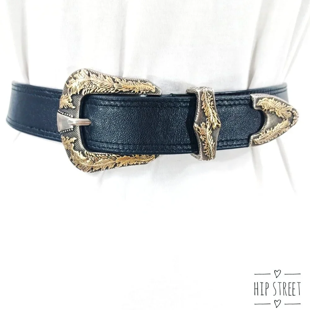 SUZI ROHER Leaf Embossed Heavy Metal Buckle Leather Belt Medium Plus